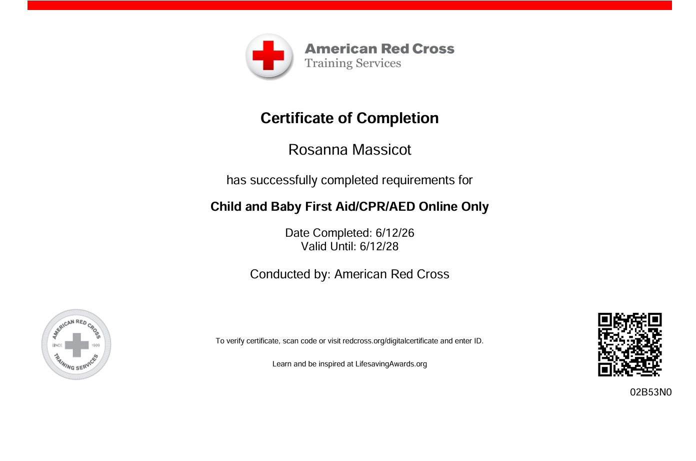 American Red Cross — Child and Baby First Aid/CPR/AED Certificate